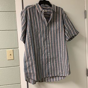 Line of Trade button up short sleeve shirt, blue w/ white and orange stripes
